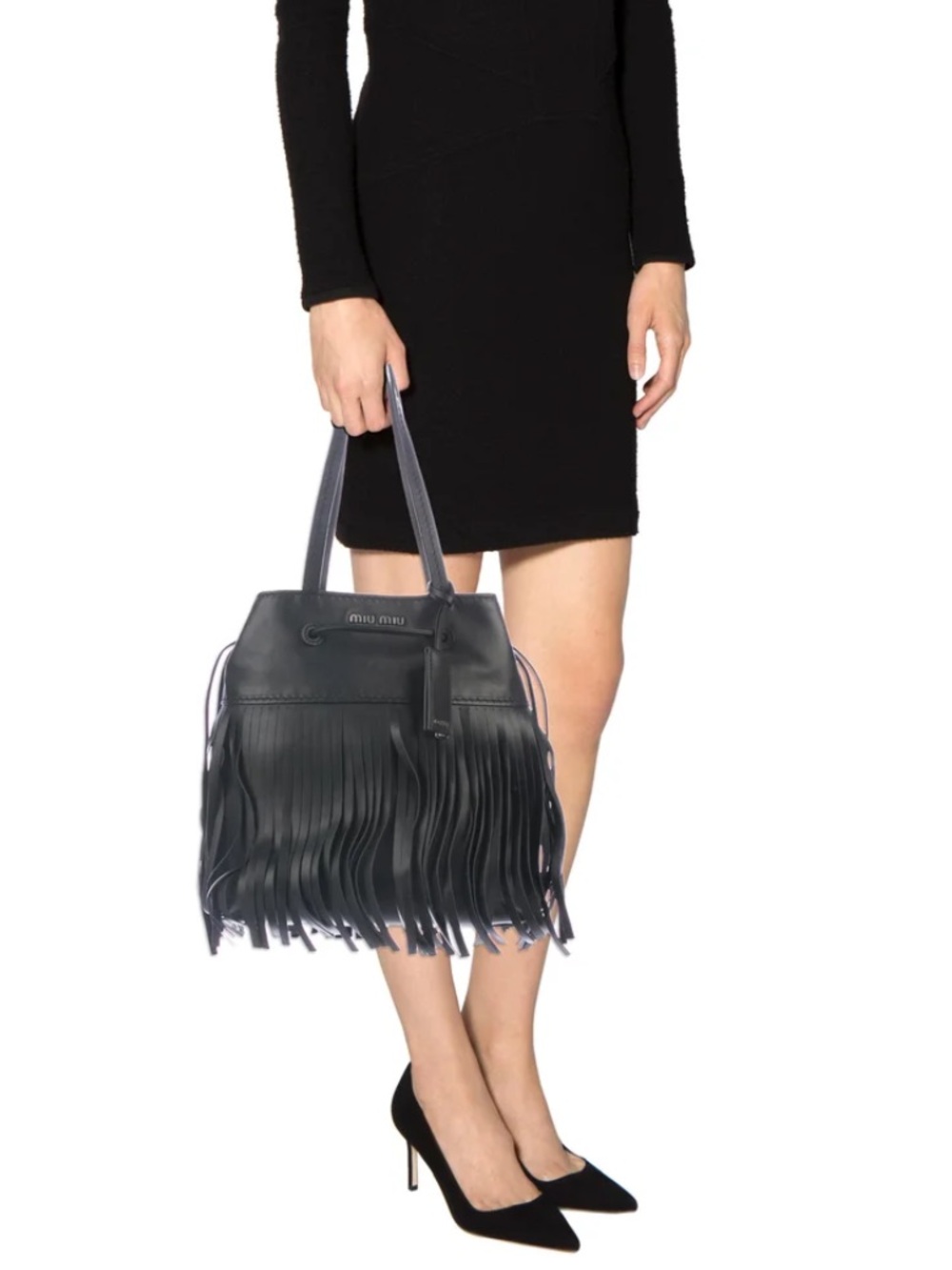 MIU MIU Drawstring Leather Calf Fringe Bucket Bag Purse Nappa Black  11 x 11